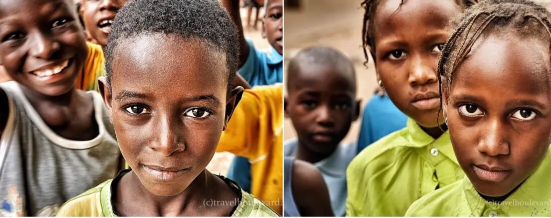 A collage of two photos featuring compelling portraits of Gambian schoolchildren looking directly into the lens.