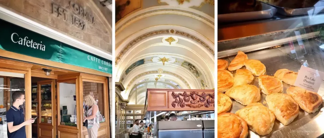 Collage of Caffe Cordina in Valletta: the historic wooden storefront, the ornate baroque ceiling with frescoes, and a close-up of fresh pastizzi in the display case.