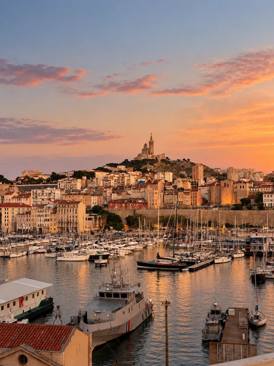 Uitzicht op de Vieux-Port in Marseille bij zonsondergang met de basiliek Notre-Dame de la Garde